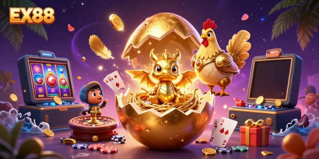 Experience the excitement of EX88 with a golden dragon and vibrant casino elements in a magical scene.