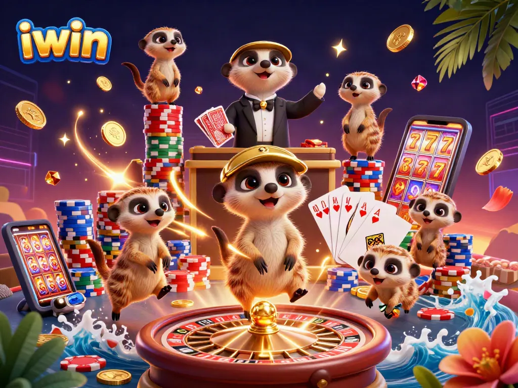 Enjoy the vibrant iwin casino scene with meerkats managing games and winning chips!