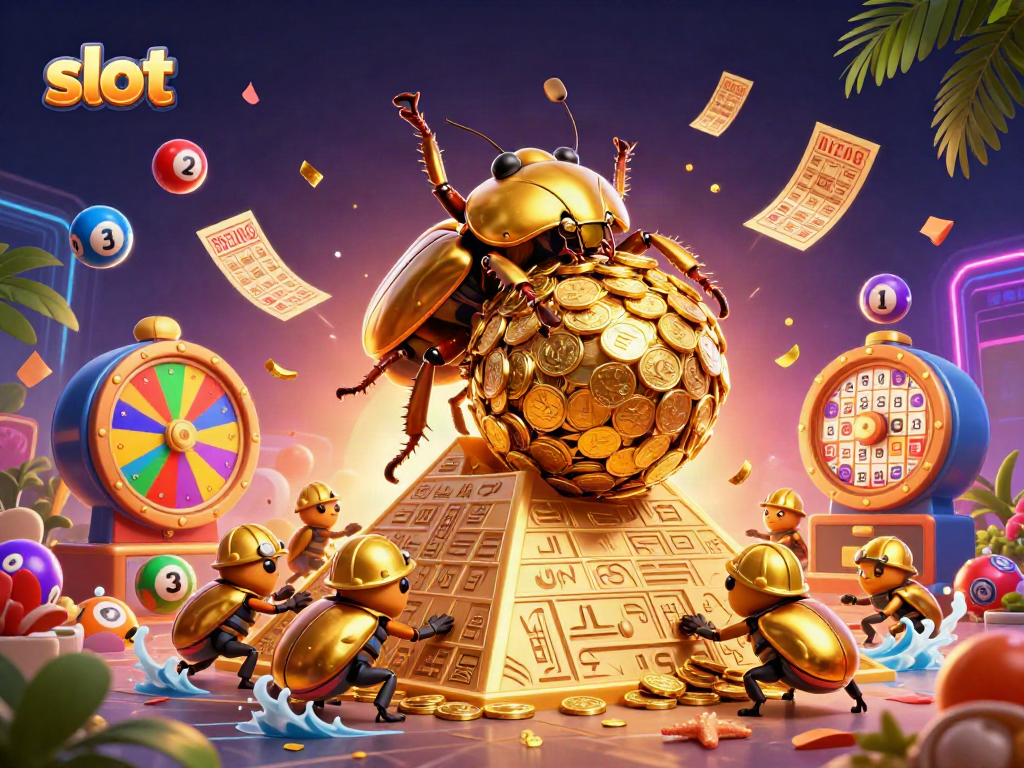 Experience thrilling slot action with a golden beetle rolling coins and vibrant casino symbols.