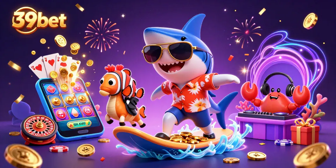 Experience thrilling gameplay with 39bet in a vibrant 3D casino scene featuring gold coins, games, and fun characters.