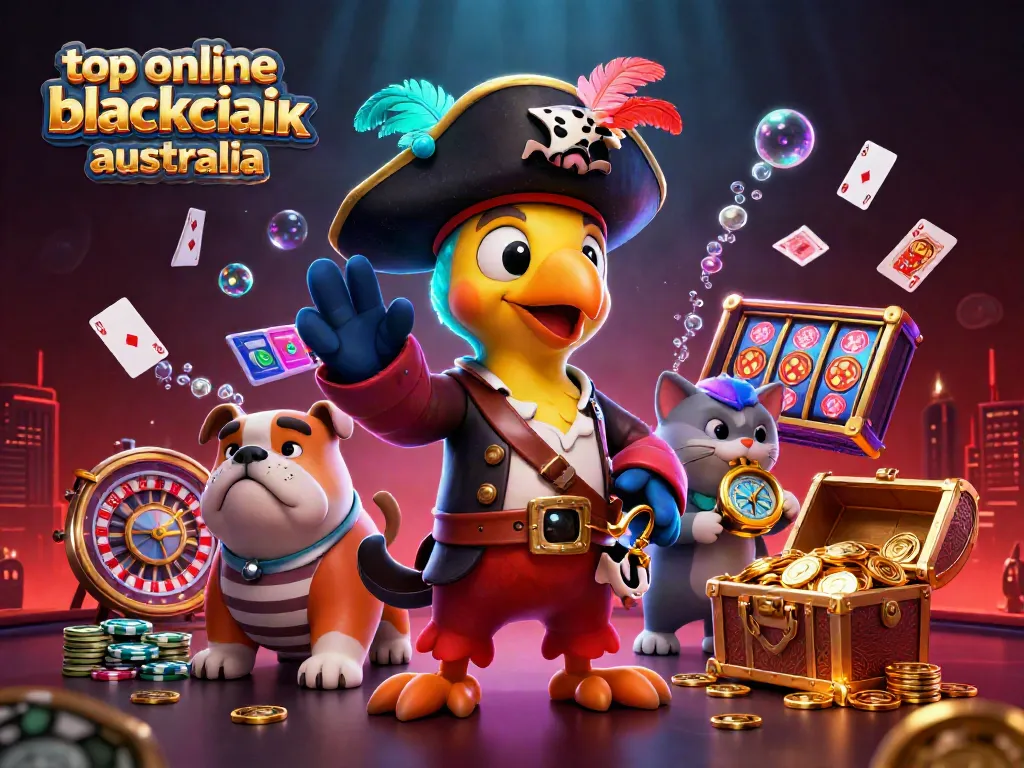 Engaging illustration capturing the essence of top online blackjack Australia with dynamic characters and game elements.