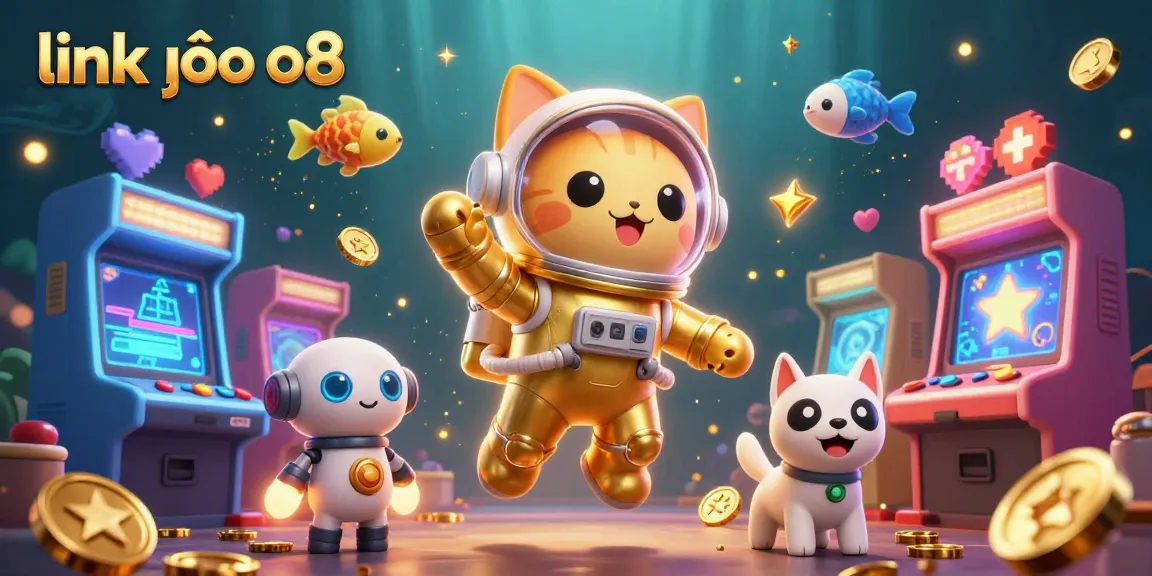 Experience thrilling action in link vào o8 with a vibrant 3D illustration of a cat astronaut and robot dog, celebrating the casino games.