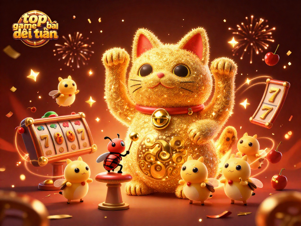 Experience the excitement of the top game bài đổi thưởng illustrated with a giant lucky cat and vibrant casino elements.
