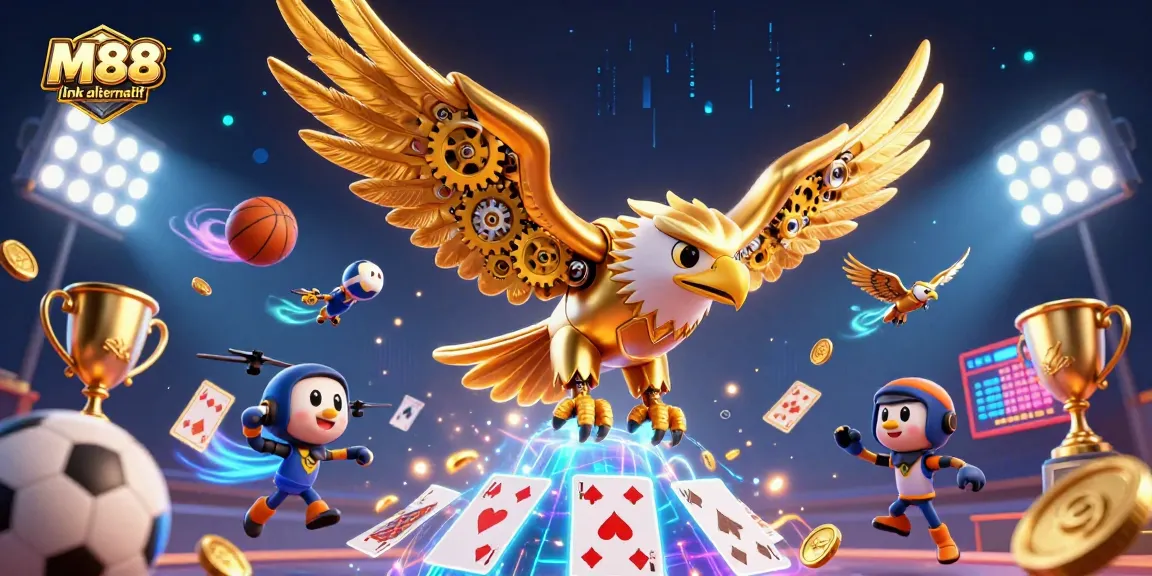 M88 link alternatif showcases a dynamic scene with a cybernetic golden eagle amidst sports-themed elements and holographic cards.