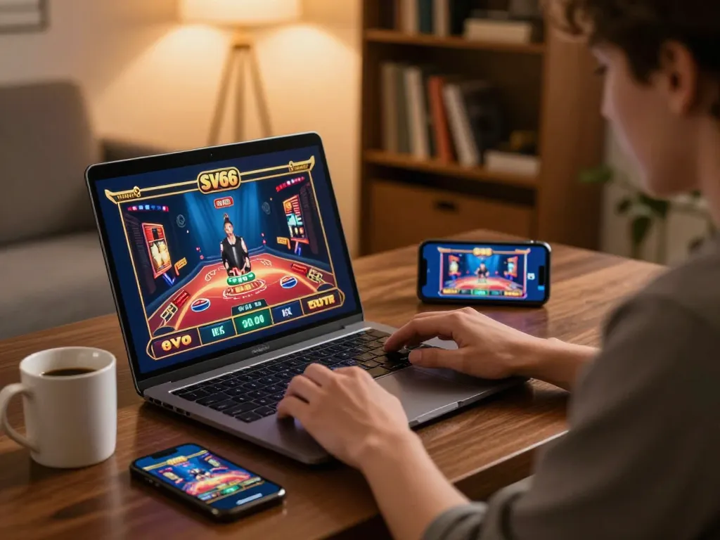 Engaging online player enjoying SV66 casino games on a laptop in a cozy home setting.