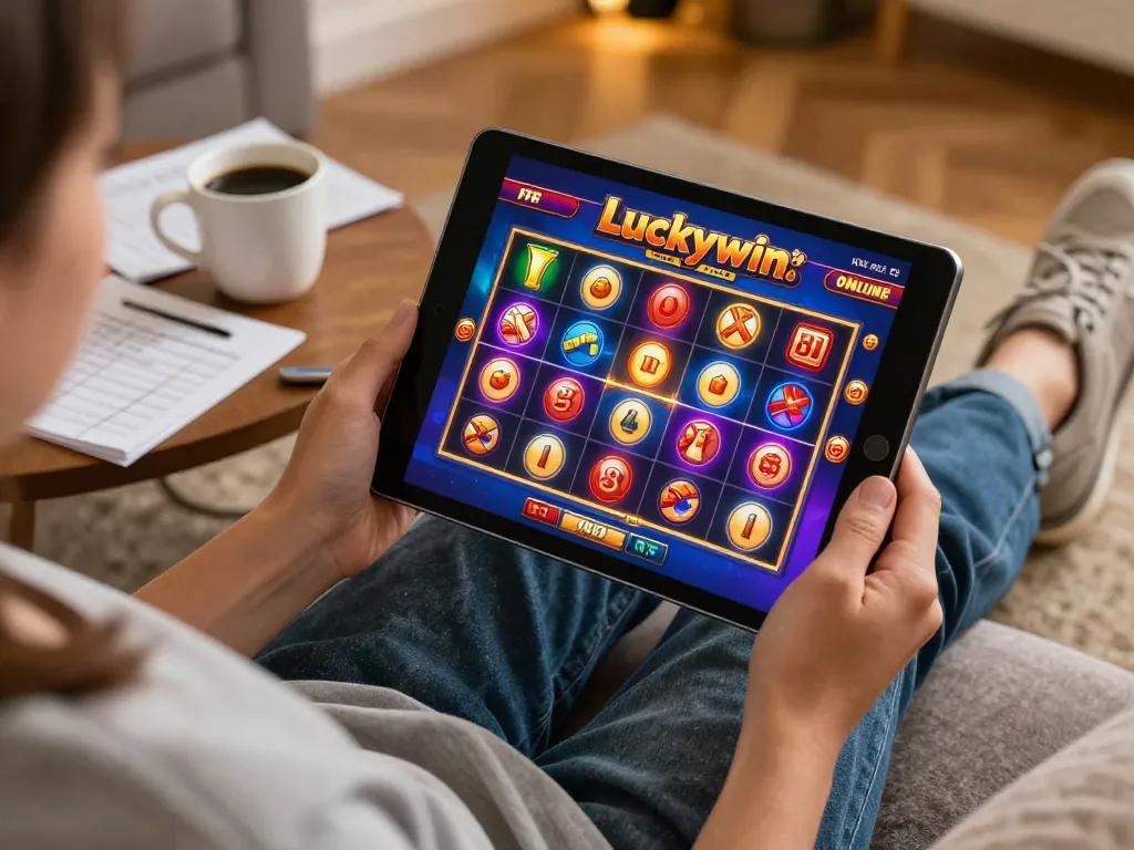 Player enjoying their Luckywin gaming experience on a tablet in a cozy home setting