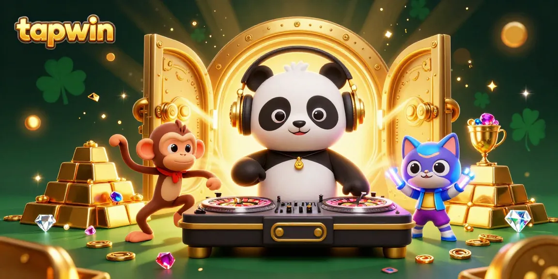 tapwin showcases a DJ panda spinning roulette turntables amidst bursting loot in this vibrant casino scene.