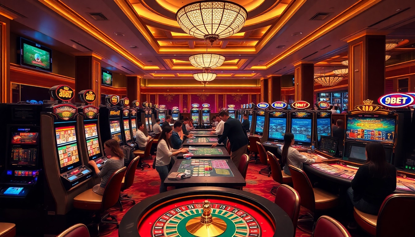 Players enjoying thrilling games at 9BET casino, showcasing excitement and luxury.