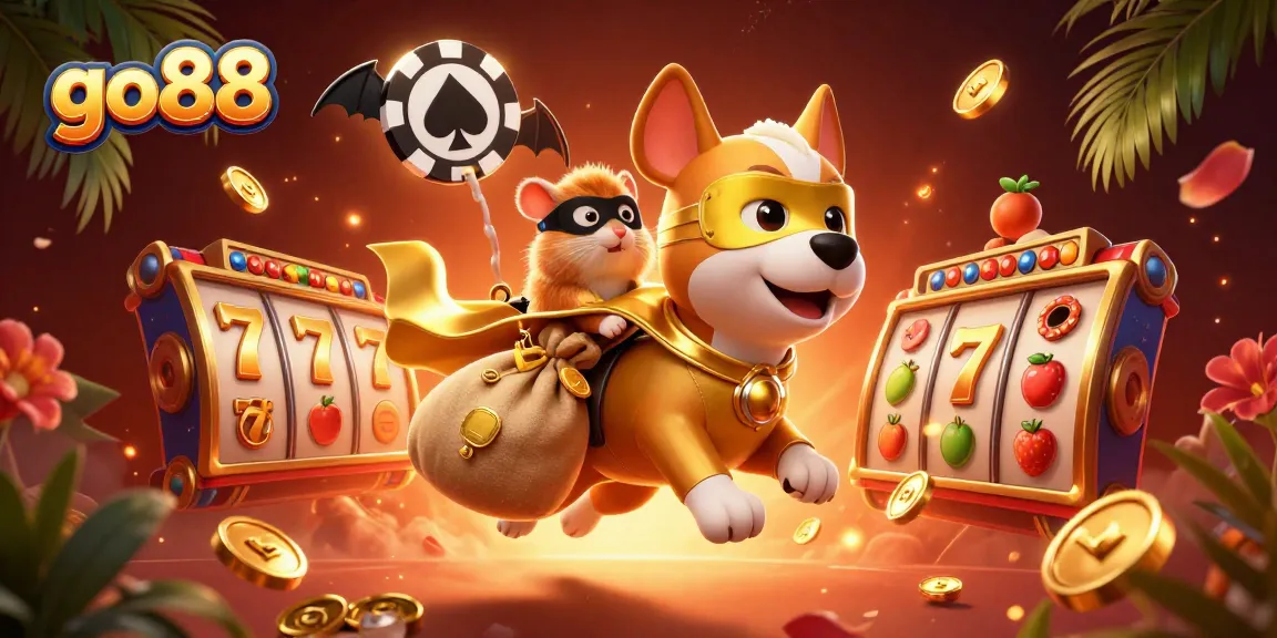 Experience the thrill of go88 with a heroic dog and hamster showcasing vibrant casino joy.