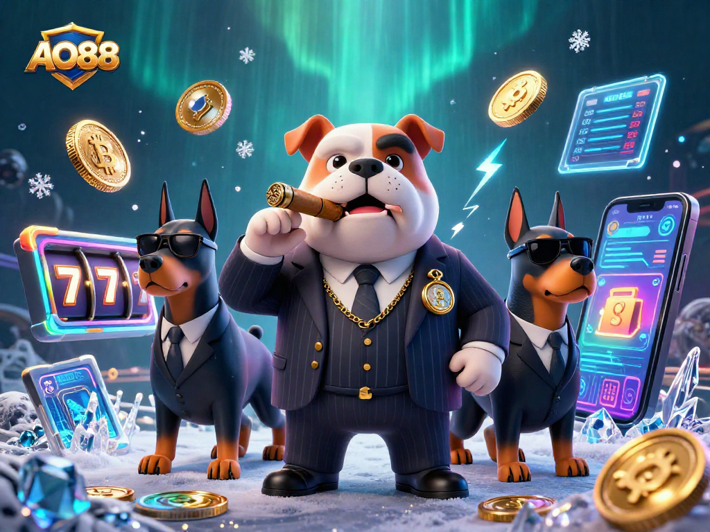 Engage in thrilling gameplay at AO88 with a 3D illustration featuring a mafia bulldog and casino elements.