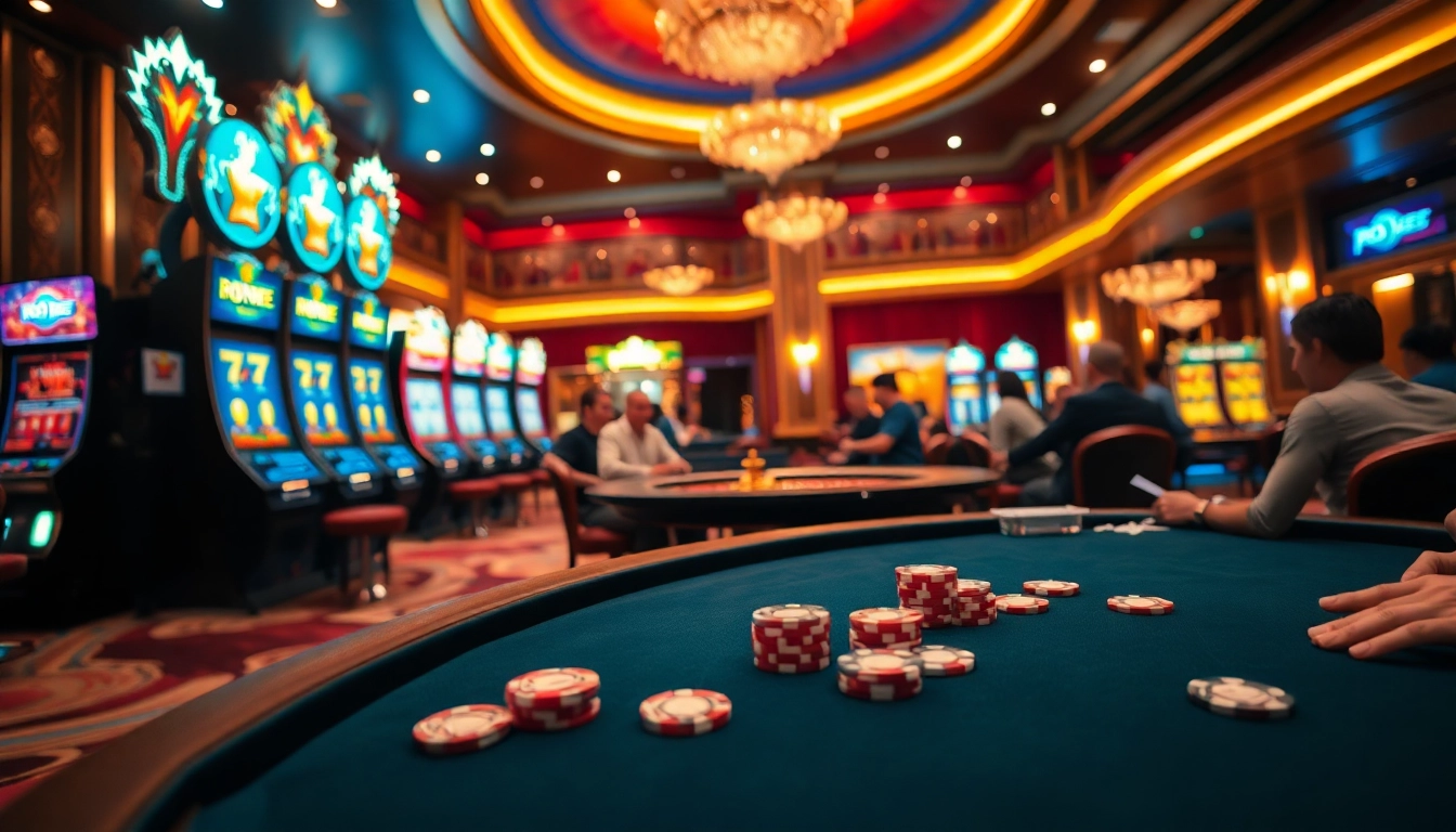 Các người chơi KO66 ăn mừng chiến thắng tại những bàn casino lấp lánh với các máy slot sống động.
