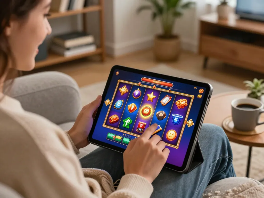 An excited player engaging with mm88 online slots on a tablet in a cozy home environment