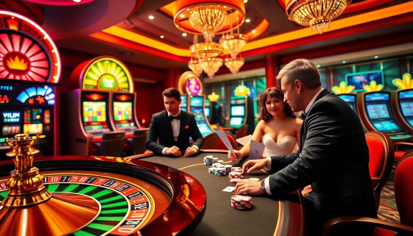 Experience excitement at go999.in.net with luxurious casino tables and vibrant slot machines in action.