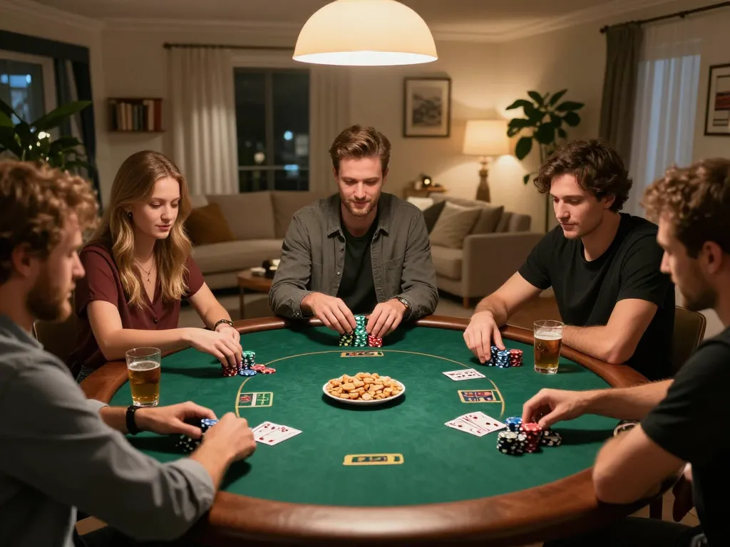 LLWIN players enjoying a lively home poker game, chips and cards create an engaging atmosphere.