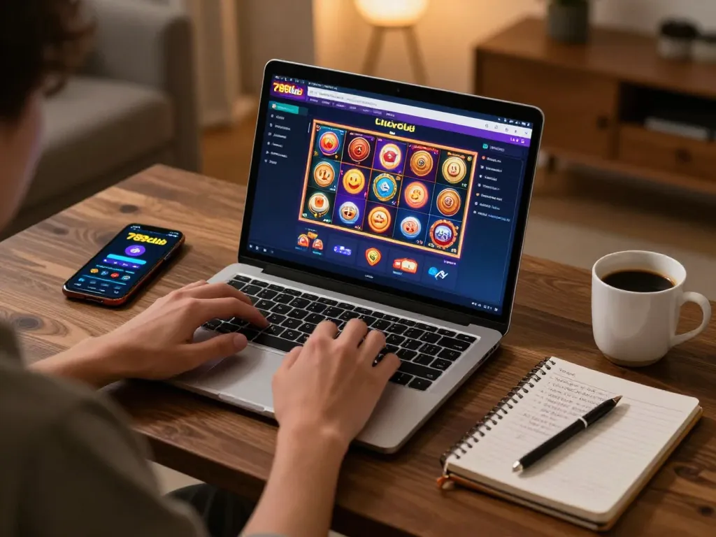 Engaged player exploring 789club games on a laptop in a cozy home setup, showcasing the thrill of online gambling.