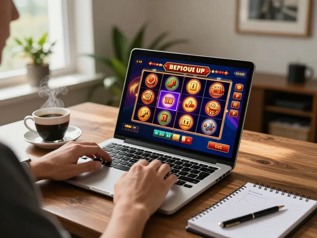 Engaging in pokies Australia gameplay on a stylish laptop at home, emphasizing strategy and comfort.