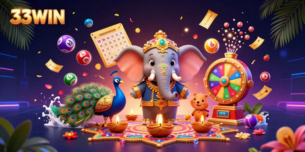 A vibrant scene of 33WIN, featuring a Diwali-themed elephant and festive lottery elements in a dynamic casino setting.