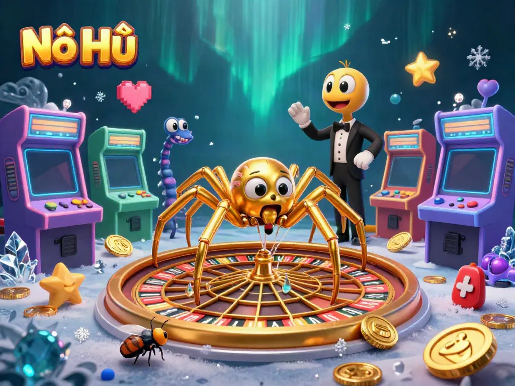 Nổ Hũ brings excitement with a 3D scene featuring a golden spider as a croupier and vibrant gaming machines.