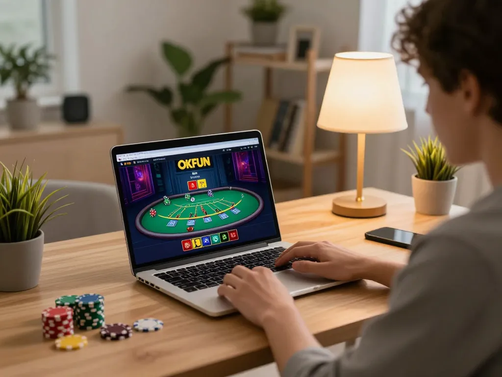 Engaging player enjoying OKFUN online blackjack at home gaming setup, highlighting strategic play.