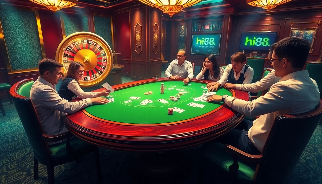 Experience the thrill of poker at Hi88 Casino with players, chips, and a spinning roulette wheel.