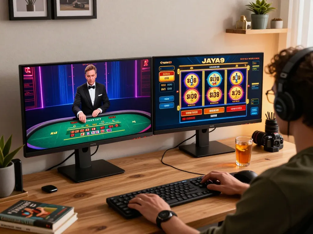 Players enjoy JAYA9 live dealer games on dual monitors at home workstation.