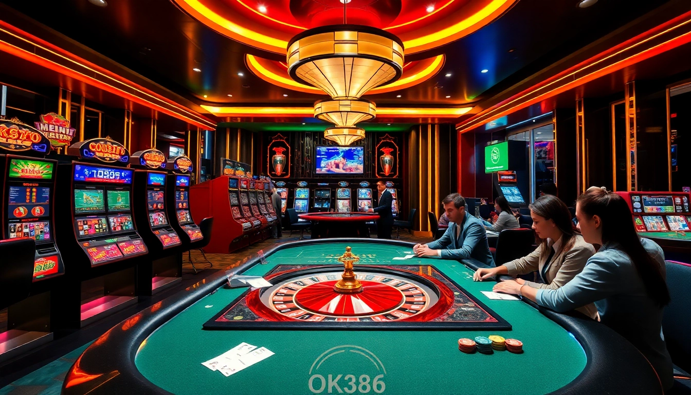 Experience the excitement of OK8386 with gambling tables, vibrant slot machines, and poker players.
