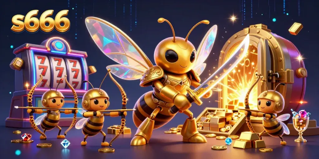 Experience s666's vibrant casino atmosphere with a golden hornet and bee archers amid treasures.