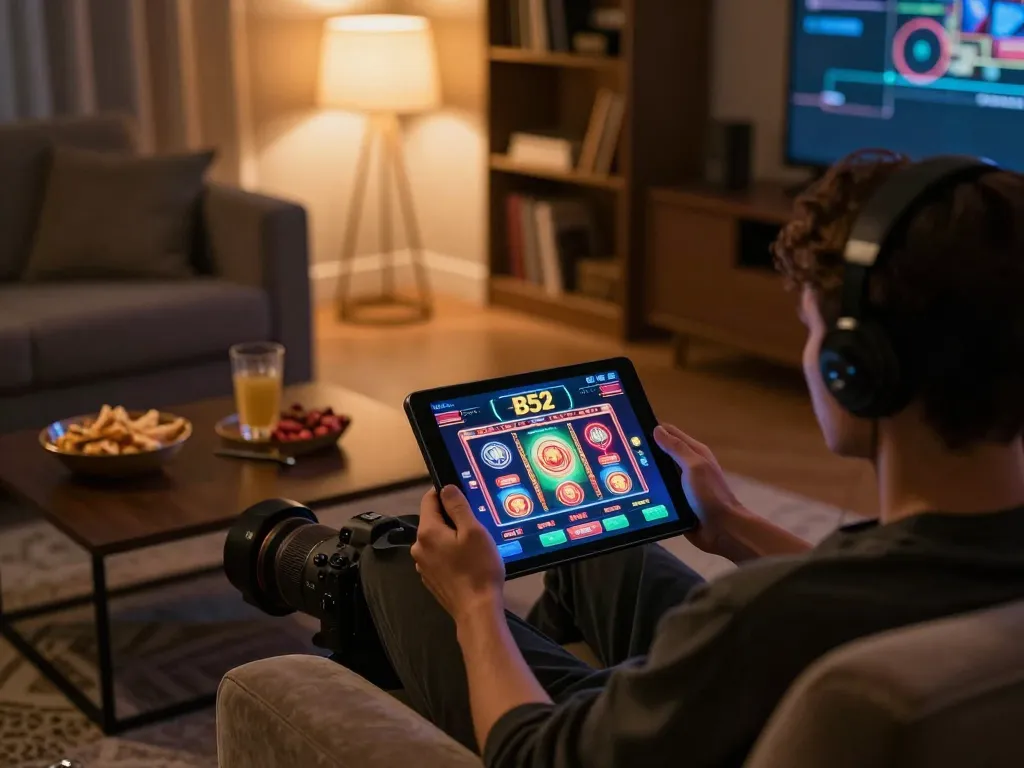 B52 players enjoying strategic online slot games in a cozy home setting with engaging graphics.