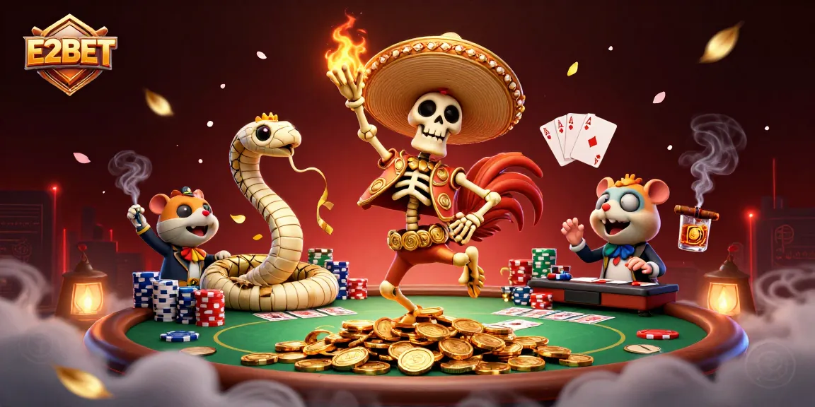 E2BET brings excitement to poker games with a vibrant 3D illustration of gambling characters.