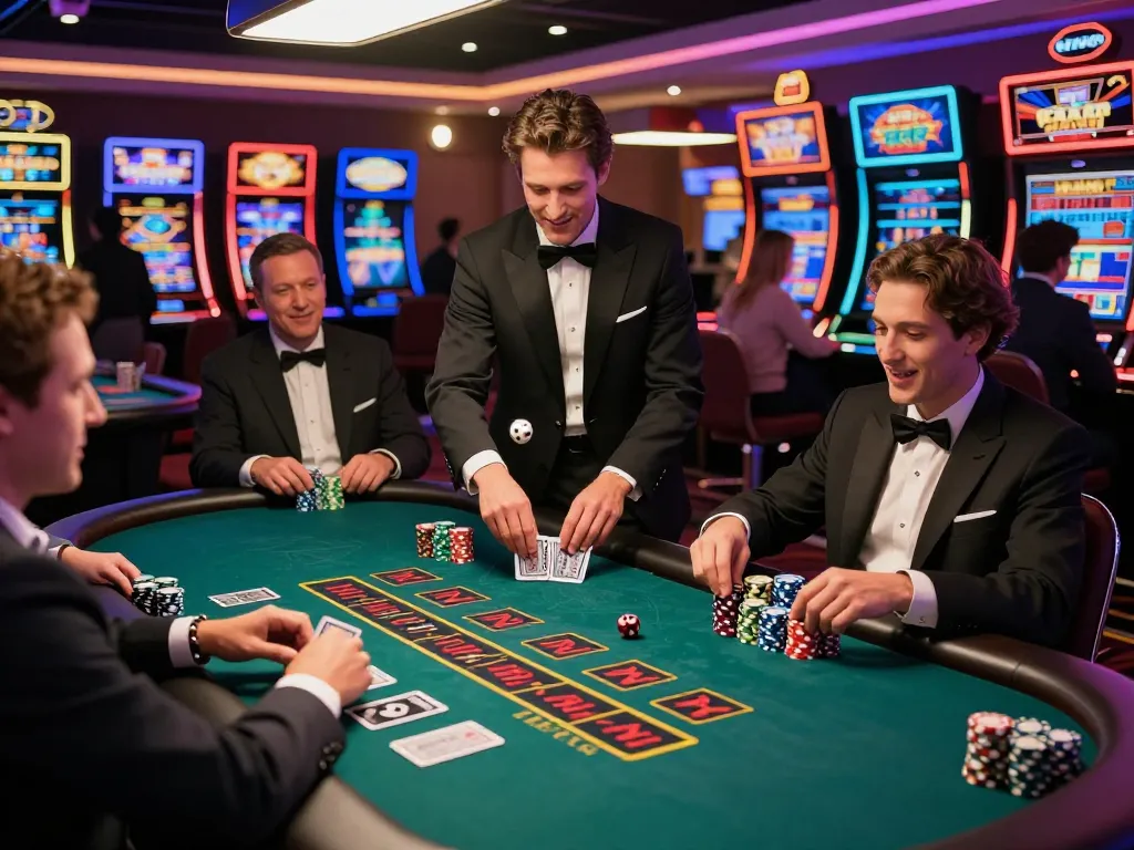 Players engaged in blackjack strategy while enjoying tips on tin soi kèo alongside lively casino ambiance.