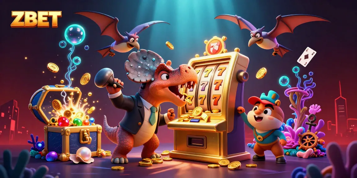 ZBET showcases a dynamic casino scene with a dinosaur winning at the slots amid flying coins.