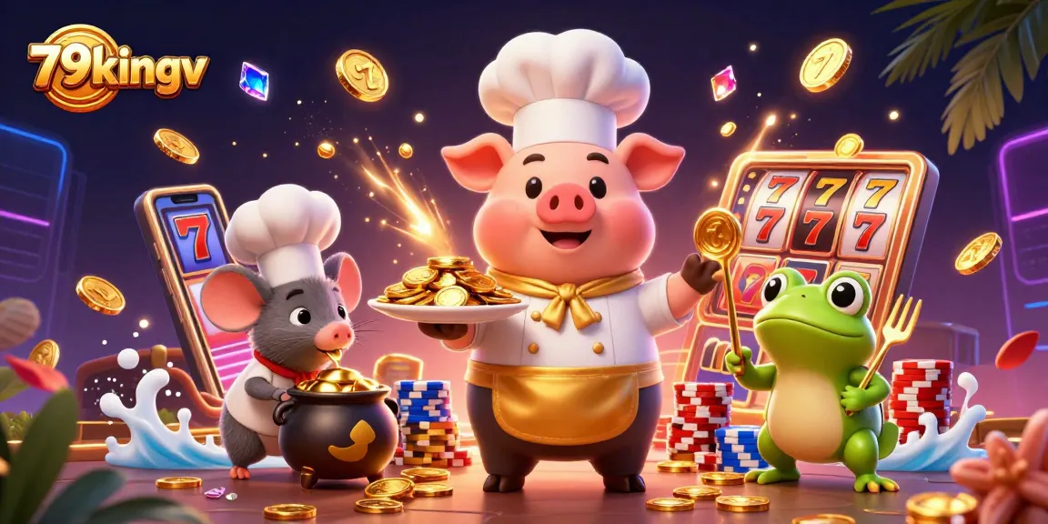 Engage with 79kingv's vibrant casino scene featuring a chef pig serving gold coins amidst dynamic slot reels.