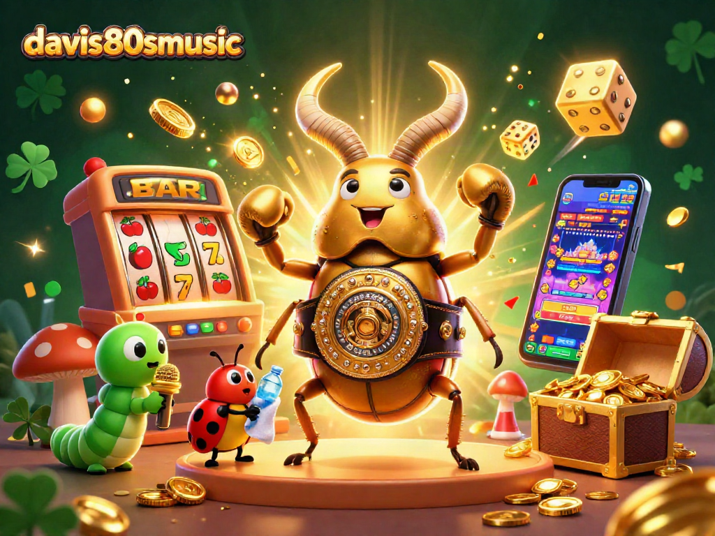Davis80smusic showcases an exciting scene with animated casino characters, slot machines, and vibrant gambling symbols.