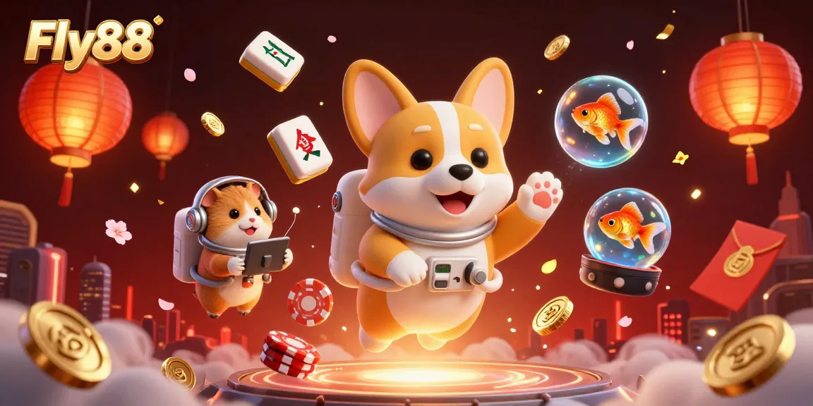 Engage with Fly88 as the cartoon astronaut corgi floats amidst a space casino.