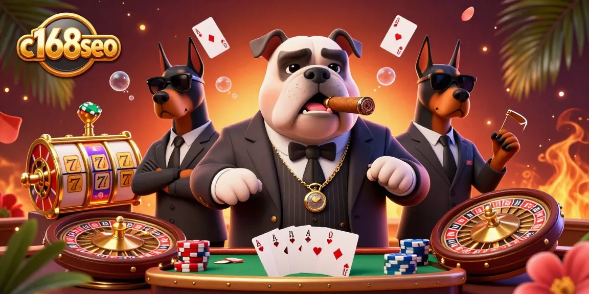 C168SEO showcases the lively world of poker with a mafia boss bulldog and bodyguards amidst dynamic gaming elements.