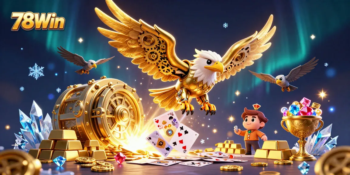 78Win engages gamblers with a vibrant 3D illustration featuring a golden eagle among jewels and holographic cards.