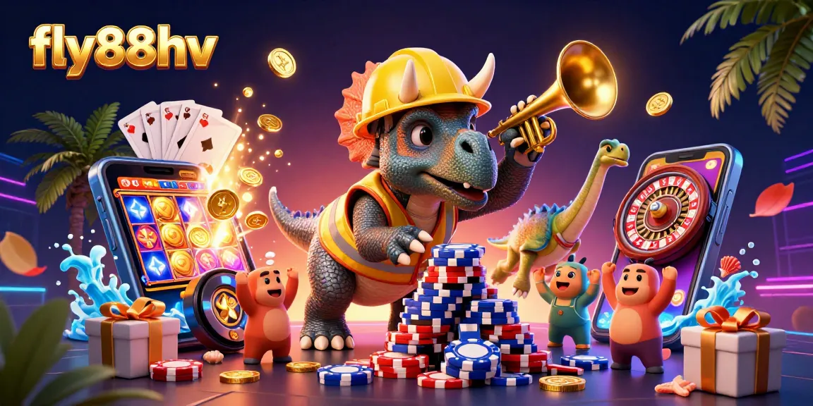 Building excitement at fly88hv: a colorful casino scene featuring a triceratops and gaming elements.