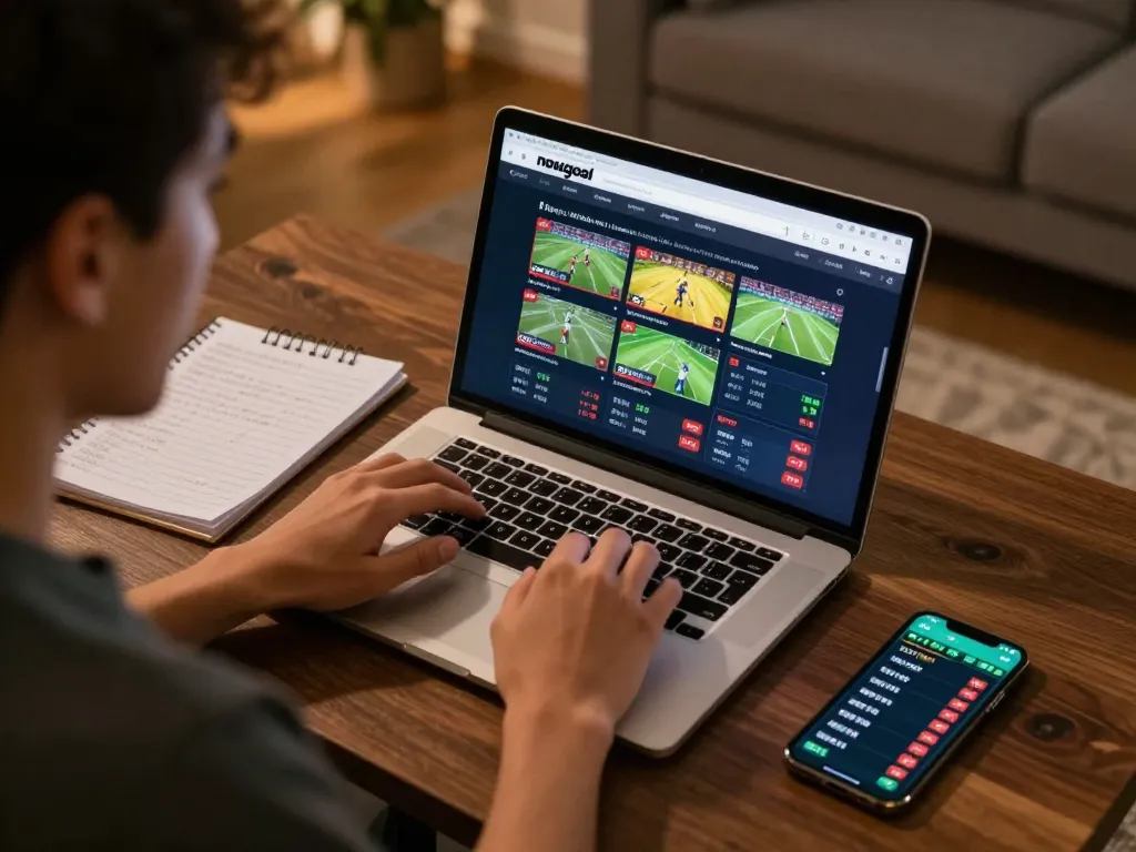 Nowgoal user tracking live sports betting odds on a laptop while taking notes.