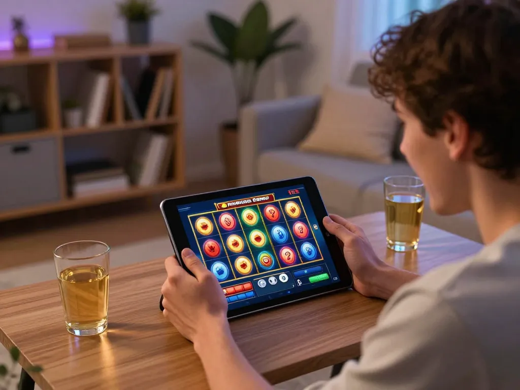 Engaging in a Pragmatic Demo slot game on a tablet in a cozy living room.