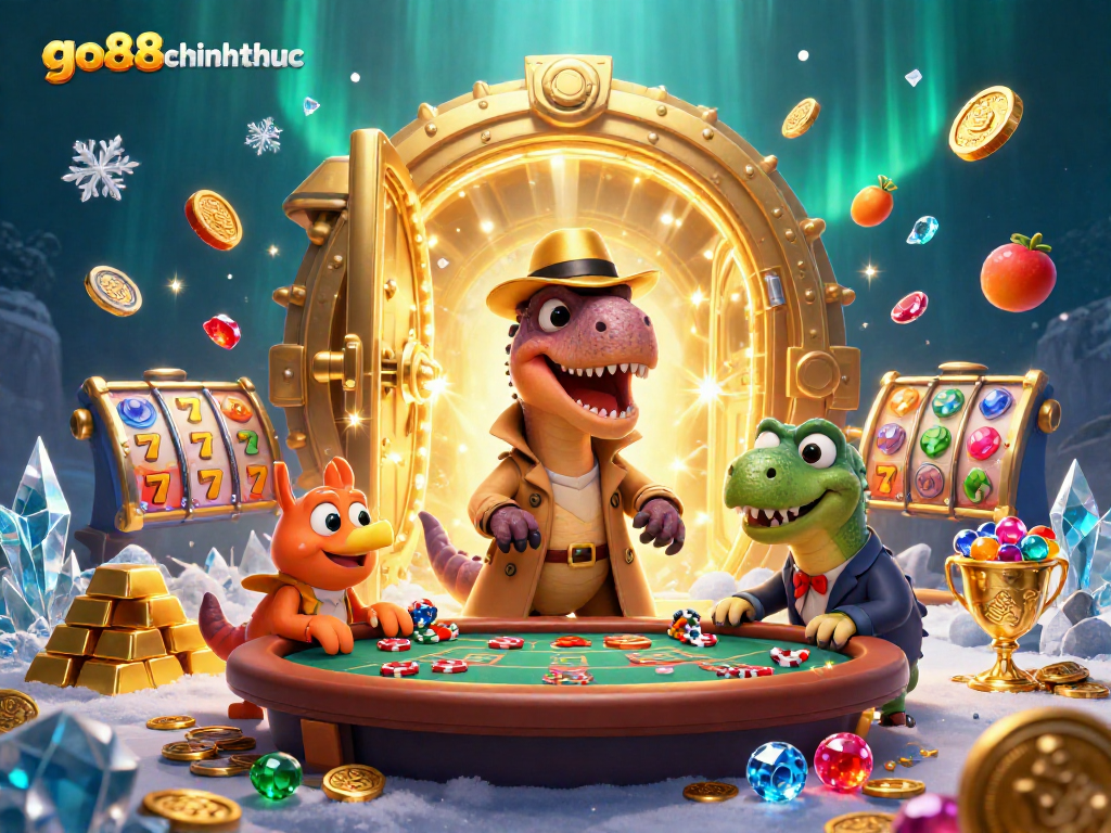 go88chinhthuc velociraptor plays blackjack among gold treasures in a dynamic casino scene
