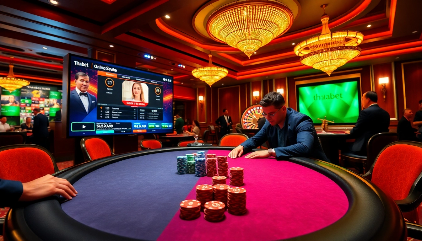 Engaged players at a thabet college-themed poker table in a vibrant casino atmosphere.