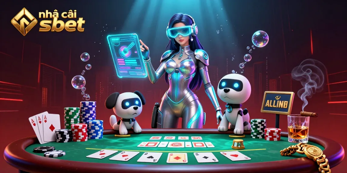 Experience live action at nhà cái shbet with a futuristic casino scene showcasing exciting poker elements.
