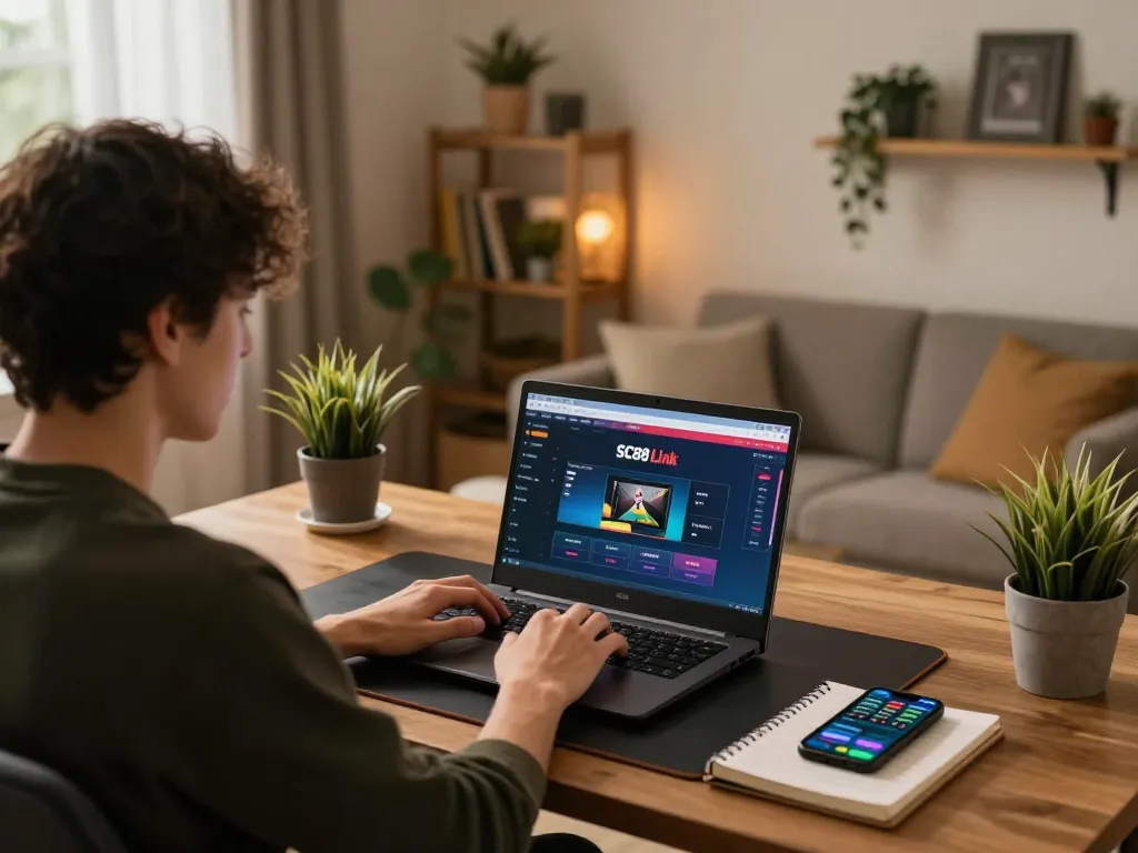 Engaging in online gaming utilizing the SC88 Link for a seamless experience in a cozy home environment.