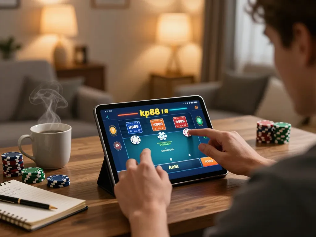 Engaging in kp88 bet strategy online in a cozy living room setting.