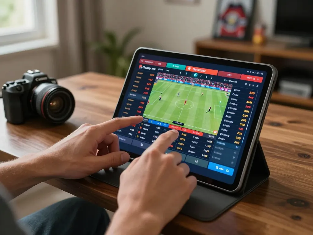 Engaged gambler placing strategic bets on MMOO sports betting app while relaxing at home.