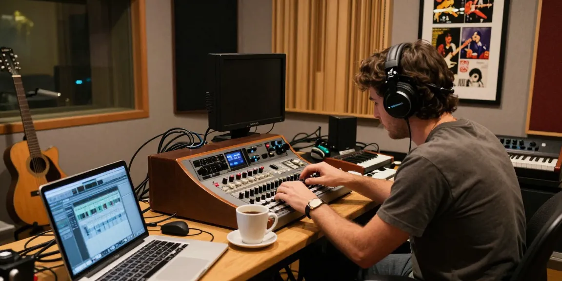 Audio engineer using a Tascam DA-88 in a vintage recording studio for music production.