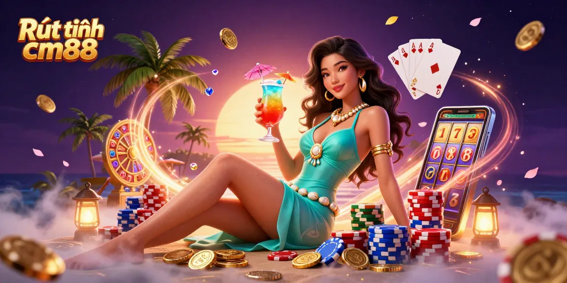 Rút tiền cm88 with glittering casino elements and vibrant tropical cocktail scene.