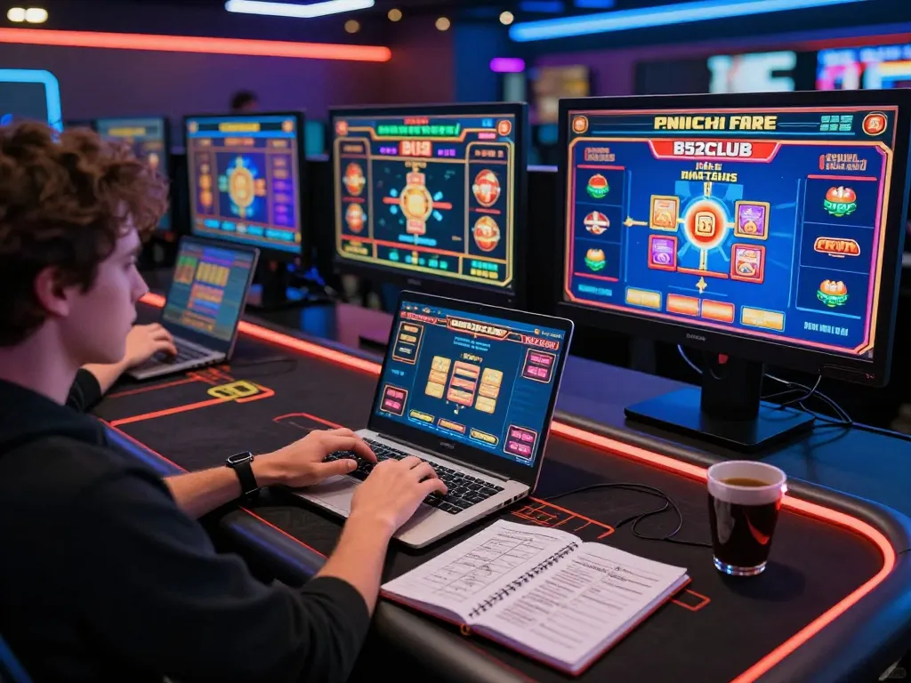 Player engaging with B52 online casino interface on laptop in cozy home setup.