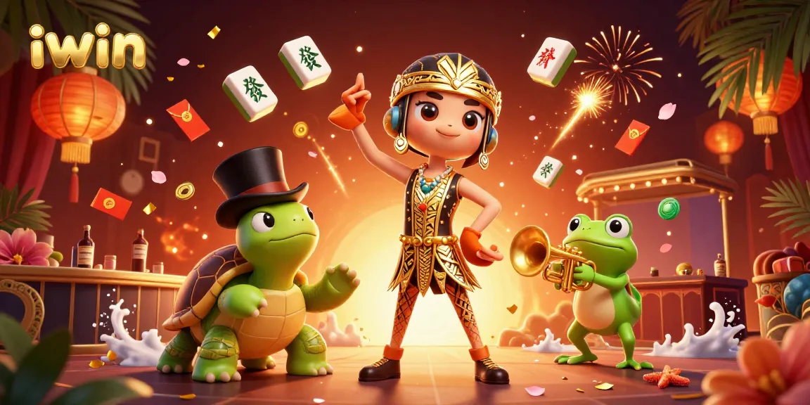 Experience the excitement of iwin casino with a vibrant 3D illustration featuring whimsical characters and casino elements.