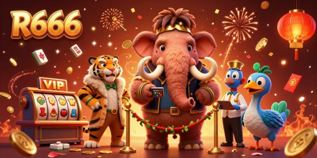 Experience the excitement at R666 with a vibrant casino scene featuring engaging characters and dynamic slot reels.